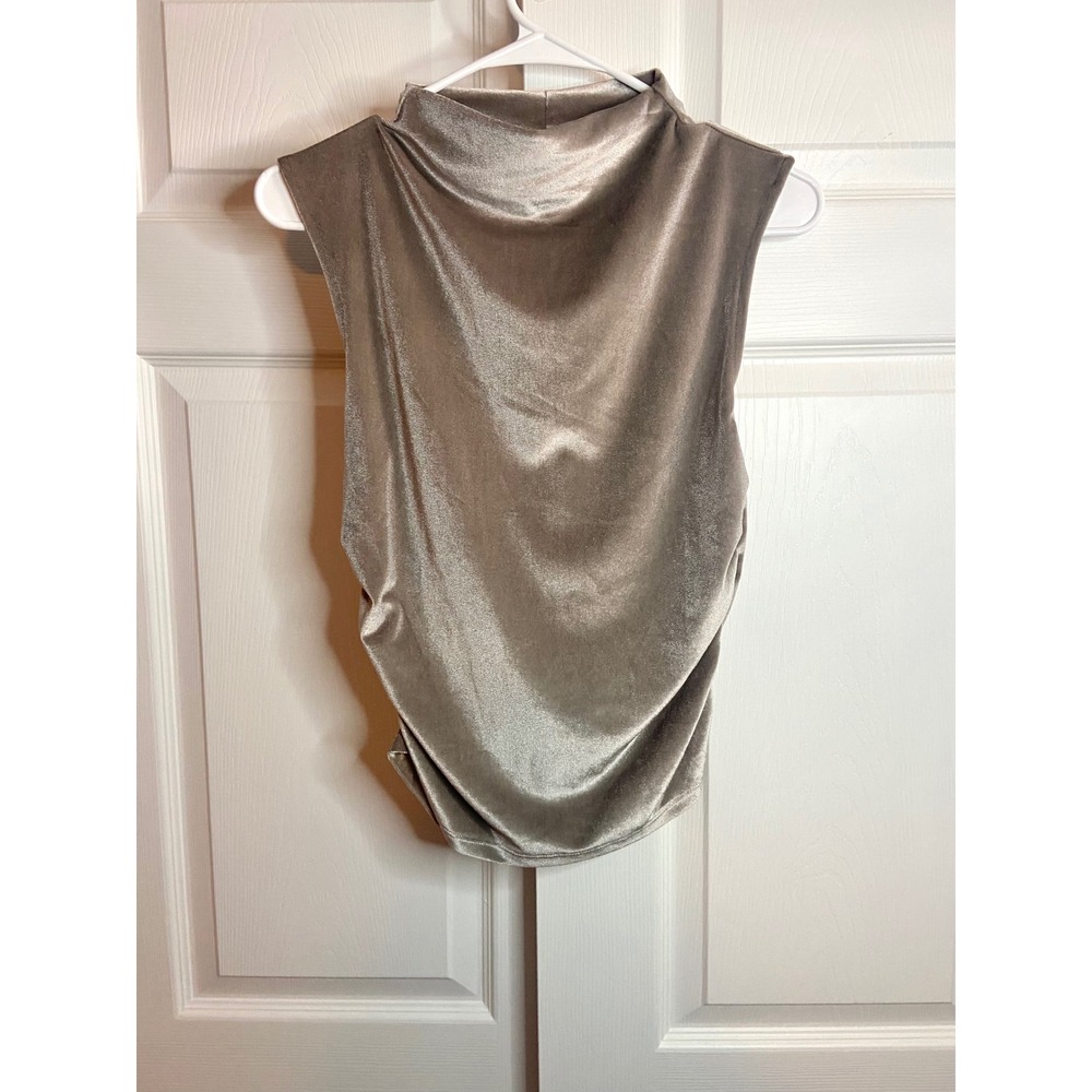 A New Day Women Sleeveless Velvet Mock Neck Ruched Top Taupe Champagne Small